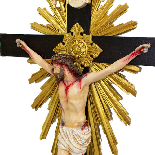 Imagem 2 de 5 de Crucifixo Madeira Imagem Resina Policromado 85cm Flor De Lis