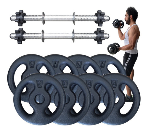Kit 20kg Com Barras E Anilhas P/ Musculação Halter Roscas