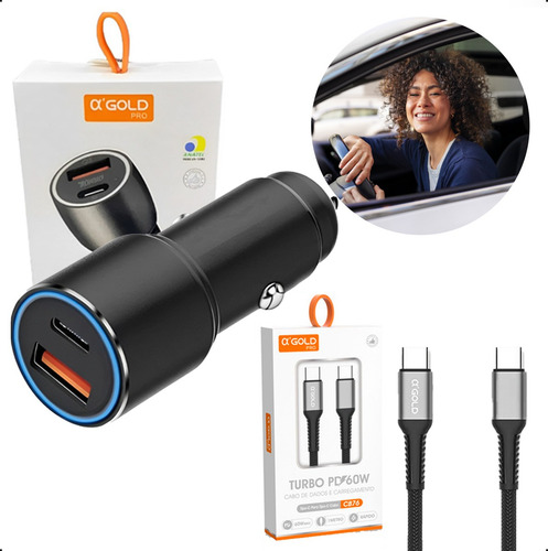 Carregador Veicular Turbo 60w Kit Com Cabo-tipo-c Preto