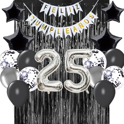 Combo Cumpleaños Globos Temática Negro Plata