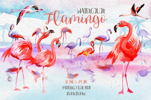 Kit Imágenes Digitales Flamencos Watercolor Pink Flamingo