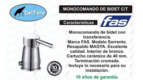 Imagen 3 de 4 de Monocomando De Bidet C/transf. Fas Sorrento 10 Años Garantía