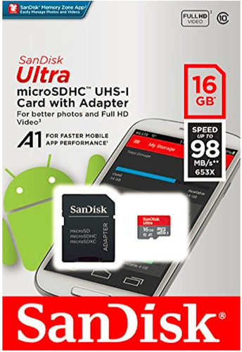 Imagen 2 de 2 de Memoria Sandisk 16gb Micro Sd Ultra 98mb/s Cl 10 Full Hd A1