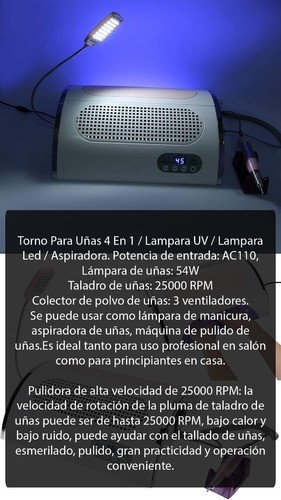 Imagen 2 de 10 de Torno Para Uñas 4 En 1 Aspirador Y Lampara Led Profesional