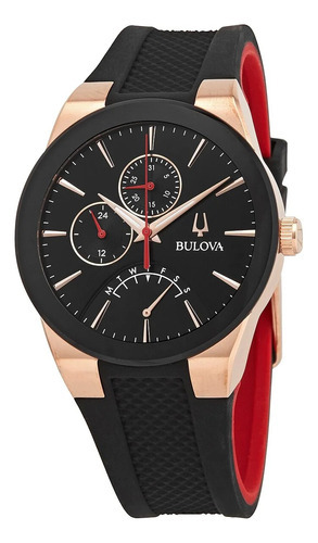 Bulova Futuro 97c112, cor de malha analógica de quartzo masculina, cor da moldura preta, cor de fundo dourada, cor de fundo preta