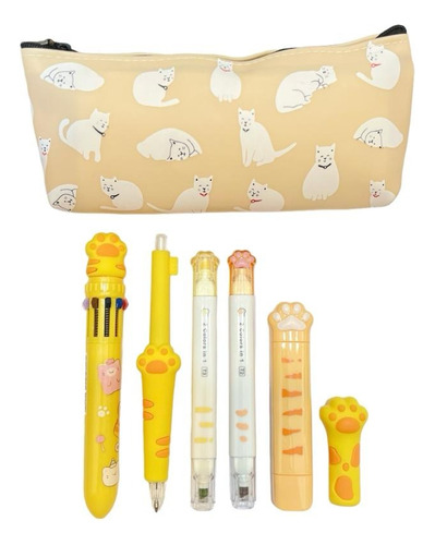 Kit Gatito Huellita Escolar Lapiz  Goma + 4 Art. Kawaii Gat