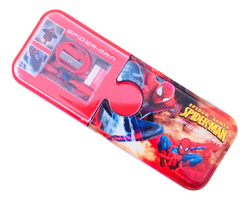 Estuche Metalico Spiderman Incluye Utiles Escolares