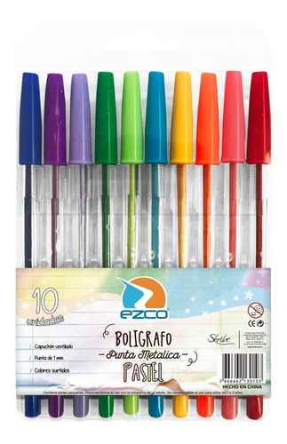 Pack X 10 Lapicera Boligrafo Ezco Pastel Colores Surtidos