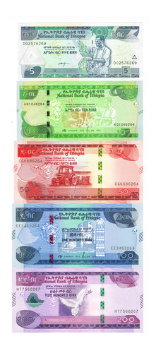 Set De 5 Billetes Diferentes De Etiopía 5, 10, 50, 100 Y 200