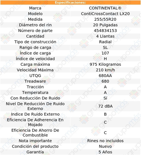 Paq 4 Llantas Conti 255/55r20 Conticrosscontact Lx20 107h