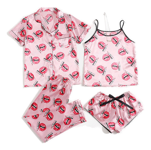 Pijama Sexy De Seda Helada De Cuatro Piezas, Ropa De Salón A
