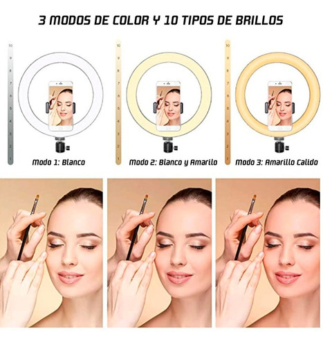Imagen 7 de 10 de Aro De Luz Led 26 Cm 3 Luces Anillo Maquillaje Ring Youtuber