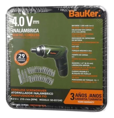 Atornillador Inalambrico Bauker 4v. + 29 Accesorios