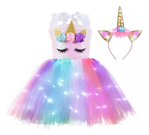Vestido De Fiesta De Princesa Unicornio Para Niña Con Luz Le