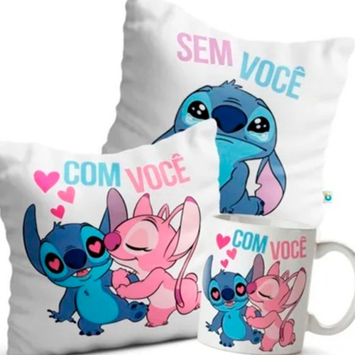 Kit 2 Almofadas E Caneca Stitch Com E Sem Você Namorados Cor Branco