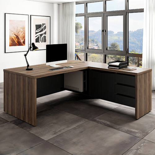 Mesa Escritório L 180x190cm 2 Portas 3 Gavetas Unik Preto