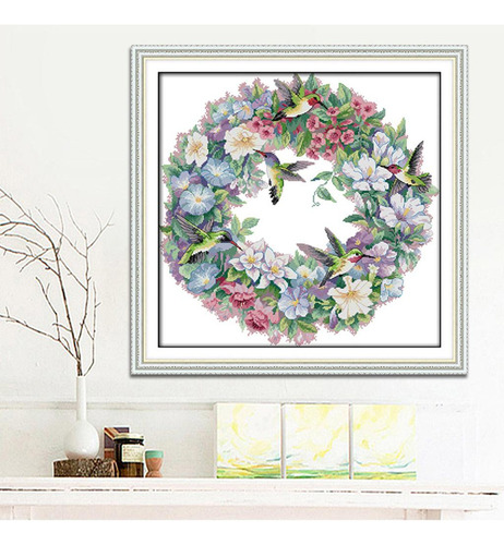 . Kit De Estampado Cuadros Colibríes Flores 14ct 51x50cm