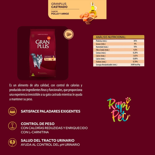 Imagen 2 de 3 de Gran Plus Gato Castrado Adulto - Pollo Y Arroz 10 Kg