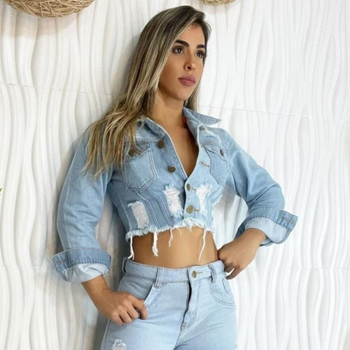 Jaqueta Jeans Feminino Jaquetinha Cropped Casaco Desfiada