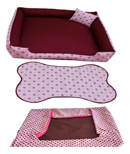 Cama Para Cachorro Grande Gg 95x95 Cm + Tapete E Capa Extra Cor Cama Vinho E Capa Rosa