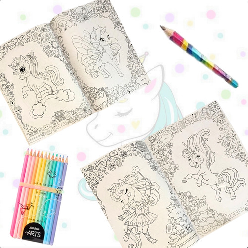 Kit Livro Unicórnio + Lápis Arco Íris + Cx 12 Lápis De Cor Pastel Presente Dia Das Crianças Livro Para Colorir Com + De 40 Desenhos Incríveis Brinquedo Infantil