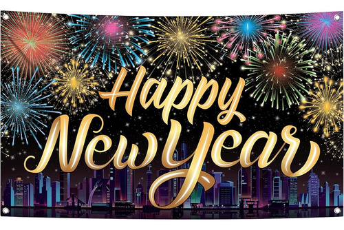 Pancarta Xtralarge Feliz Año Nuevo 2024 Con Fuegos Artificia