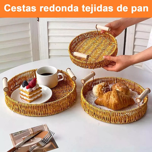 Ml 3pcs Canasta Ratán Mimbre Redonda Cestas Pan Bandeja Con
