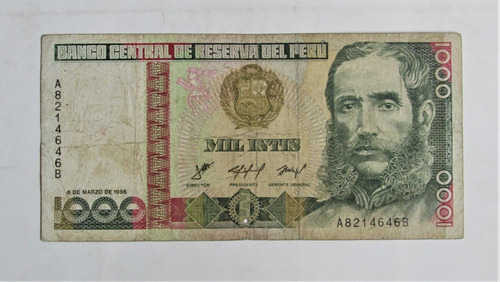 Billete Perú 1000 Intis 6 De Marzo 1986