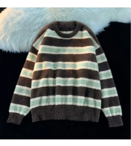Suéter Tejido A Rayas Estilo Americano Cuello Redondo