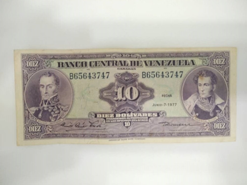 Billete 10 Bolívares B8 Junio 7 1977 Bolívar Y Sucre