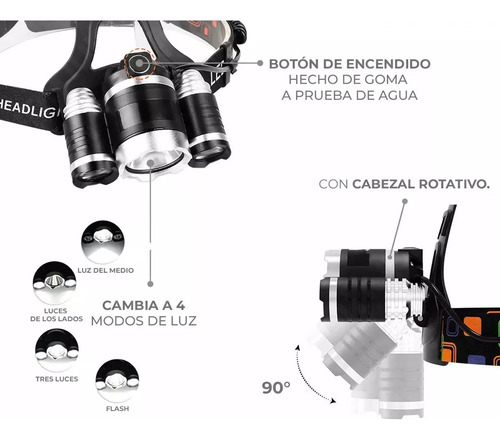 Linterna Frontal Minero Led Recargable 3x Cree T6 4 Modos