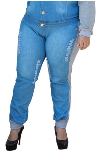 Imagem 1 de 3 de Calça Jeans Plus Size Feminina Detalhe Moletom Inverno