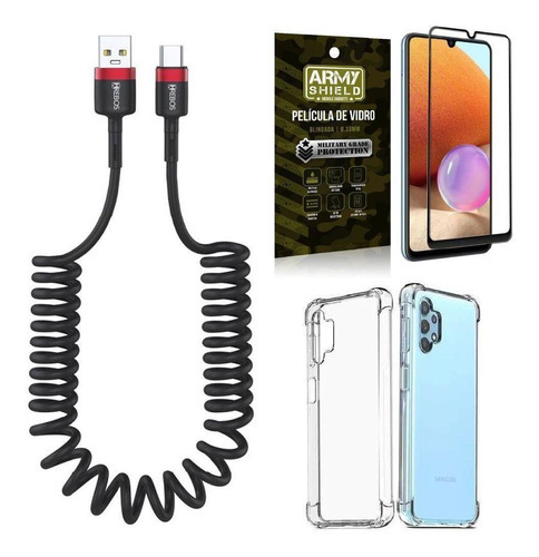 Funda para Samsung A32 4G, cable en espiral tipo C y película 3D