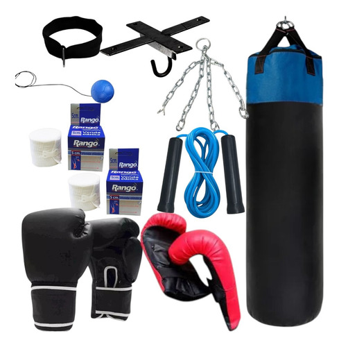 Combo Box Kit De Boxeo Bolsa +guantes+relleno+soporte Vendas Azul