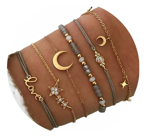 Aluinn Boho Pulsera De Cuerda Para Mujer Moda Gold Moon Hand