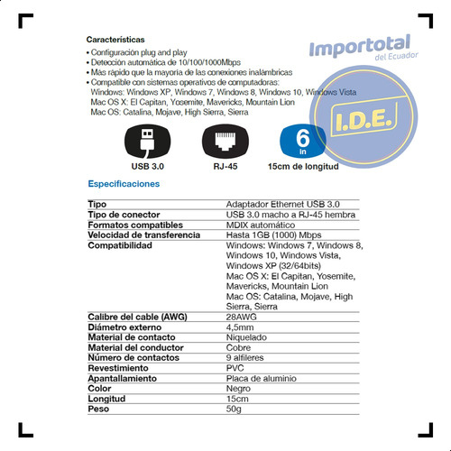 Adaptador De Red Con Conector Usb 3.0 A Rj-45 Xtech Xtc-375