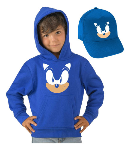 Poleron De Niño Con Capucha Sonic Rostro + Jockey Rostro