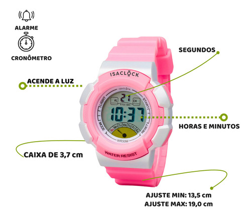 Relogio Infantil Feminino Kids Digital Rosa Isaclock Resistente Criança Menina Irf001