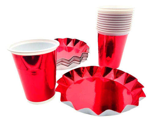 Kit Vasos Y Platos Estrella Rojo Metalizado X 10 Personas