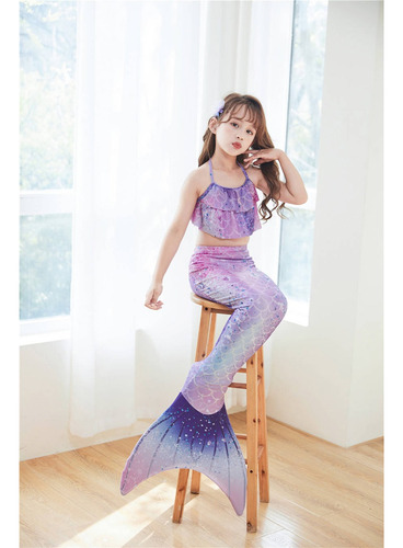 Traje De Baño Niña Sirena Conjunto De Tres Piezas Con Cola