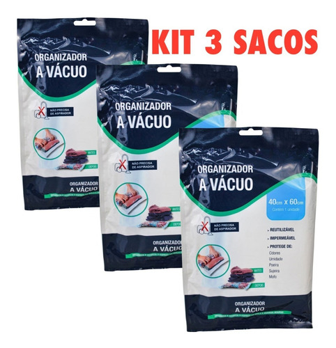 Kit 3 Sacos À Vácuo Proteger Roupa Organizador Viagem 40x60