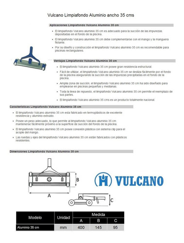 Imagen 3 de 6 de Limpiafondo Barrefondo Vulcano Aluminio 35cm Pileta Piscina