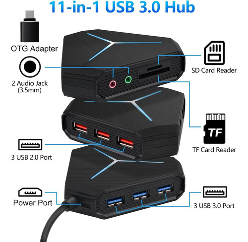 Daakro Hub Usb De 10 Puertos Hub Usb C Con Cable Largo, Lect