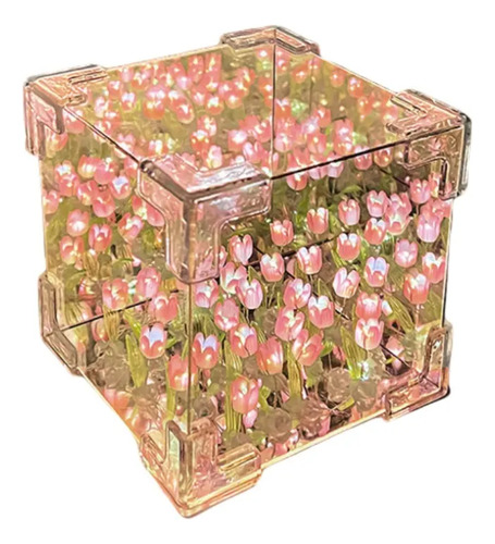 Lámpara Cubo Espejo Tulipanes Infinitos P/armar Usb 12cm Rosa