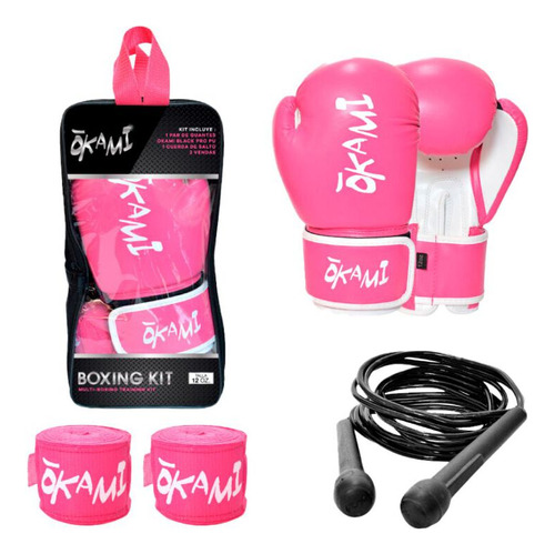 Kit Box Okami Guante Black Pro Rosa 12 Oz + Cuerda + Vendas