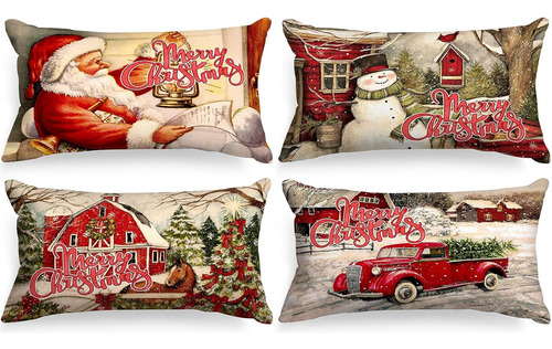 Fundas De Almohada Lumbar Vintage Feliz Navidad 12x24 J...