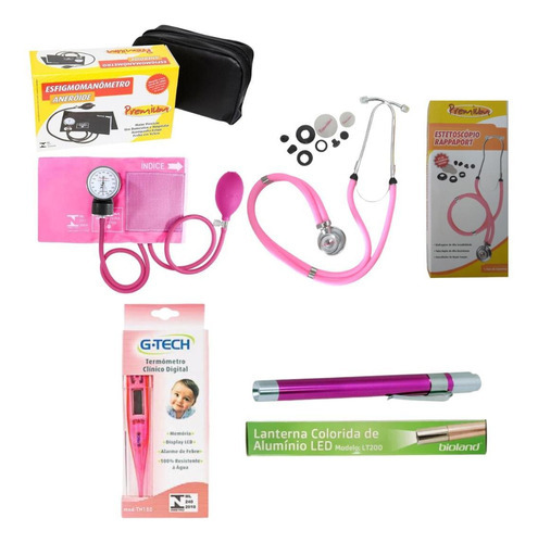 Kit Medidor Pressão Esteto Lanterna E Termômetro Rosa