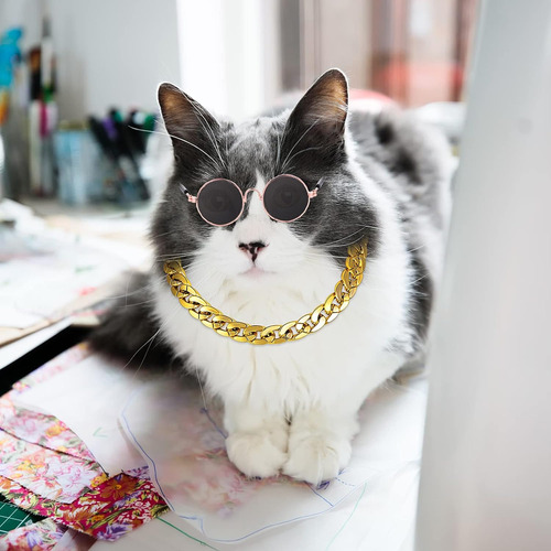 Gafas De Sol Retro Para Gatos Y Perros Con Cadena Dorada