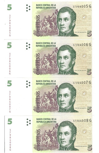 Argentina:4 Billetes 5 Pesos Correlativos¡ Sin Circular!