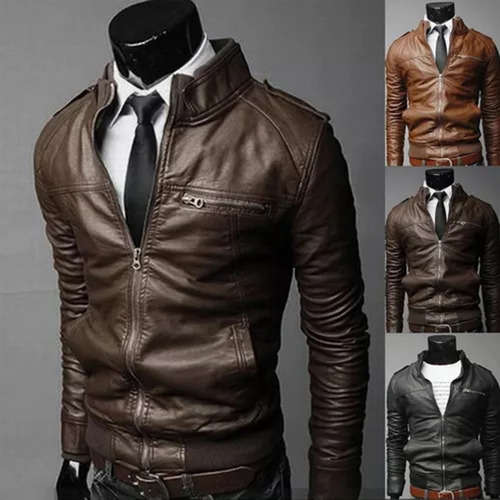 Chamarras Casual Tipo Piel Cremallera Moda Hombres Slim Fit